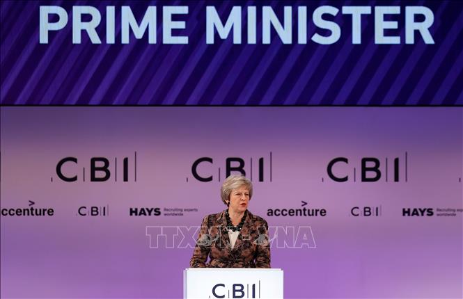 Trong ảnh: Thủ tướng Anh Theresa May tại cuộc họp thường niên  Liên đoàn Công nghiệp Anh (CBI) ở  thủ đô London ngày 19/11/2018. Ảnh: AFP/TTXVN