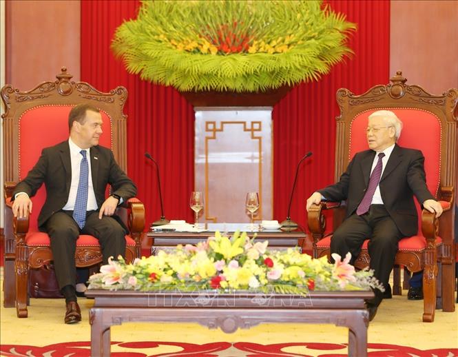 Photo: Party General Secretary and President Nguyen Phu Trong receives Russian Prime Minister Dmitry Medvedev. VNA Photo: Trí Dũng