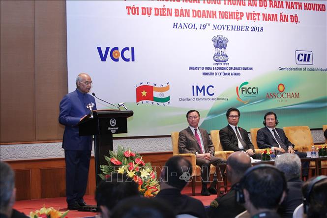 Photo: Indian President Ram Nath Kovind speaks at the forum. VNA Photo: Lâm Khánh