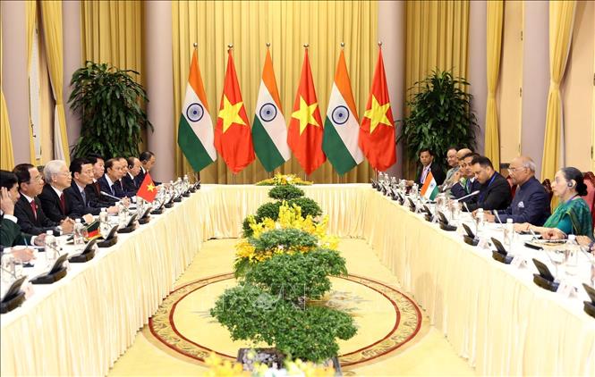 Photo: An overview of the talks between Party General Secretary, President Nguyen Phu Trong and President of India Ram Nath Kovind. VNA Photo: Trí Dũng