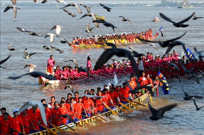Trong ảnh: Các đội  tham gia Lễ hội Đua thuyền truyền thống Bon Om Touk ở Phnom Penh ngày 21/11. Ảnh: AFP/TTXVN