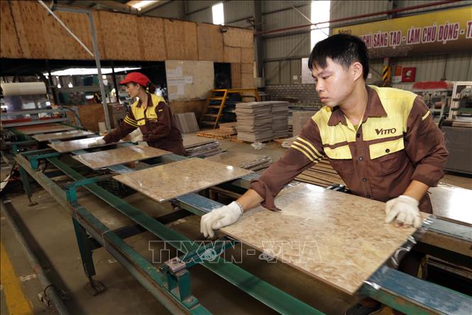 Trong ảnh: Dây chuyền sản xuất gạch ốp lát tại Công ty. Ảnh: Trần Việt - TTXVN