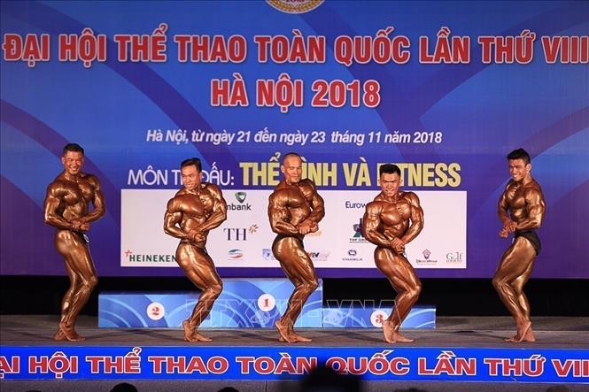 Trong ảnh: Phần thi của các VĐV môn Thể hình ở hạng cân 80kg nam. Ảnh: Trọng Đạt - TTXVN