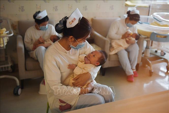 Trong ảnh: Các nữ y tá chăm sóc cho trẻ sơ sinh tại một bệnh viện ở Bắc Kinh, Trung Quốc. Ảnh: AFP/TTXVN