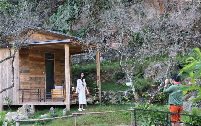 Trong ảnh: Đôi bạn trẻ đến từ miền Trung chụp ảnh lưu niệm tại một homestay phong cảnh hữu tình ở thị trấn Mộc Châu, huyện Mộc Châu, tỉnh Sơn La. Ảnh: Nguyễn Cường - TTXVN