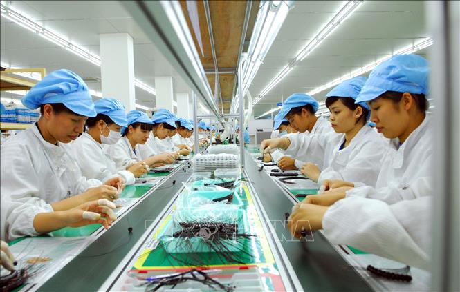 Trong ảnh: Dây chuyền sản xuất thiết bị điện tử tại Công ty TNHH Bluecom Vina, 100% vốn đầu tư của Hàn Quốc, tại khu công nghiệp Tràng Duệ (Hải Phòng). Đến nay, Hàn Quốc đã đầu tư 7.389 dự án với tổng vốn hơn 62 tỷ USD, đứng đầu các quốc gia và vùng lãnh thổ đầu tư vào Việt Nam. Ảnh: Danh Lam – TTXVN