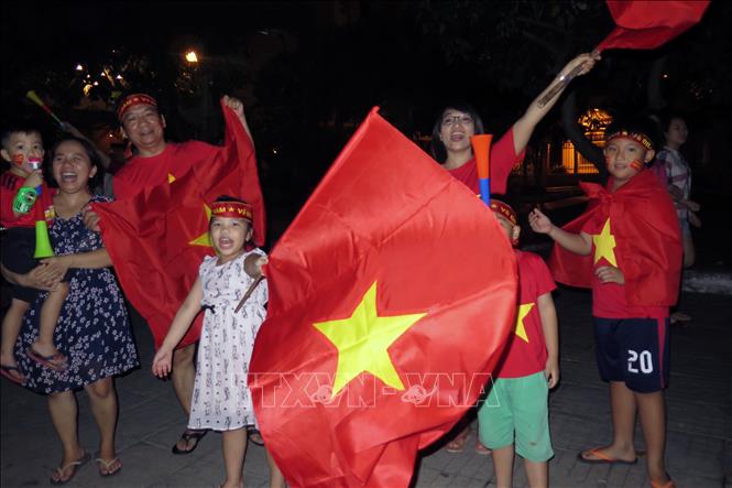 Trong ảnh: Cổ động ăn mừng Đội tuyển bóng đá Việt Nam giành cúp vô địch tại TP Hồ Chí Minh. Ảnh:Hoàng Hải-TTXVN