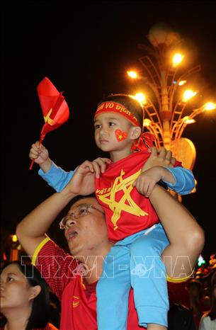 Trong ảnh: Người dân xứ sen hồng (Đồn Tháp) cuồng nhiệt với AFF Cup 2018. Ảnh: Chương Đài - TTXVN