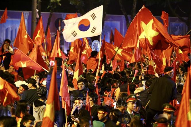 Photo: Vietnamese fans celebrate the team’s victory. VNA Photo