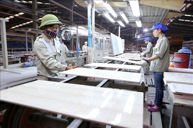 Trong ảnh: Dây chuyền sản xuất gạch ốp lát tại nhà máy tại nhà máy gạch CMC. Ảnh: Thành Đạt – TTXVN

