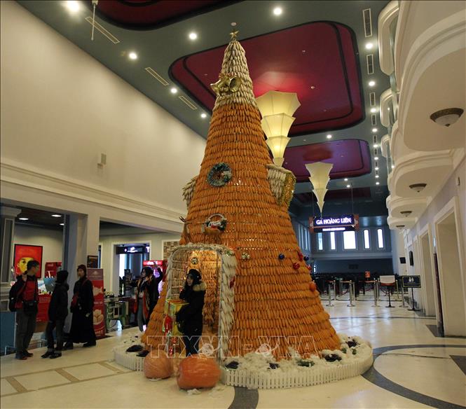 Trong ảnh: Cây thông Noel độc đáo được kết tạo bằng 6.000 bắp ngô đặt tại khu vực nhà ga cáp treo. Ảnh: Quốc Khánh - TTXVN
