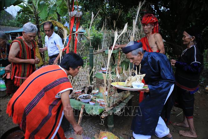 Trong ảnh: Nghi lễ cúng mời Mẹ Lúa tại Nhà Văn hóa thôn. Ảnh: Hồ Cầu-TTXVN