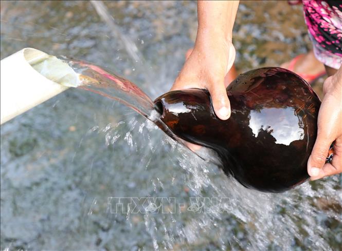 Trong ảnh: Nước Giọt được hứng vào bầu đựng nước là nét văn hóa lâu đời của dân tộc Jrai tại Gia Lai. Ảnh: Hồng Điệp - TTXVN