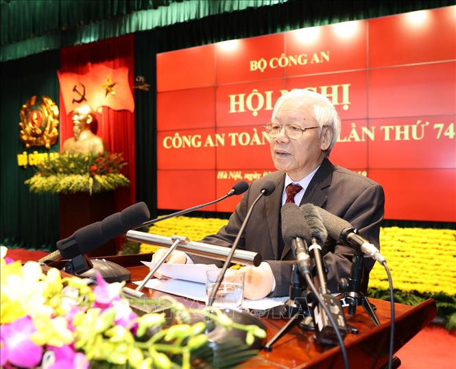 Trong ảnh: Tổng Bí thư, Chủ tịch nước Nguyễn Phú Trọng phát biểu tại Hội nghị Công an toàn quốc lần thứ 74. Ảnh: Trí Dũng – TTXVN