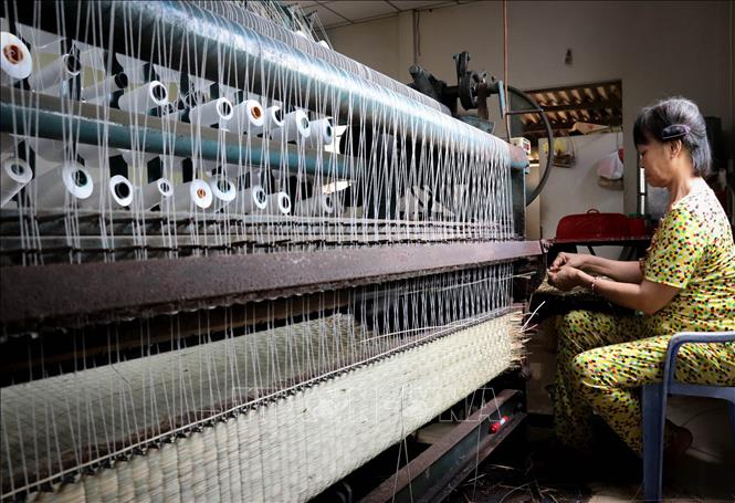 Trong ảnh: Bên cạnh việc dệt theo phương pháp thủ công, người dân làng nghề còn sử dụng máy để dệt chiếu. Ảnh: Nam Thái - TTXVN