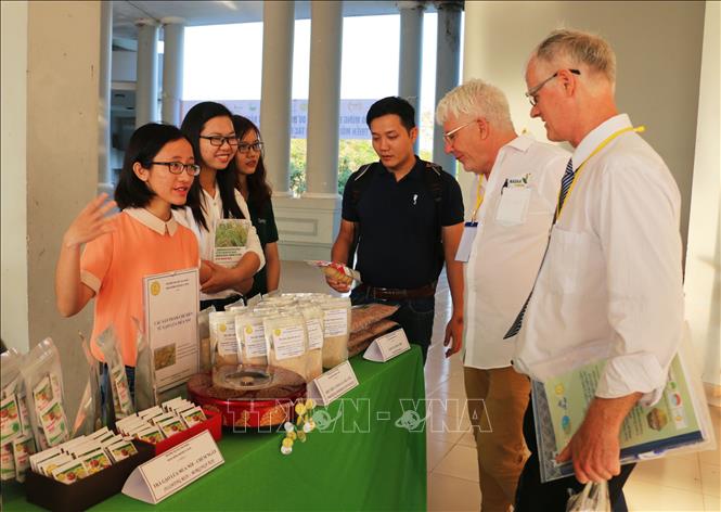 Trong ảnh: Đại biểu tham quan các gian hàng trưng bày sản phẩm nông nghiệp hữu cơ bên lề diễn đàn. Ảnh: Công Mạo-TTXVN