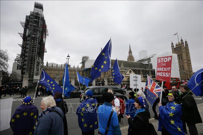 Trong ảnh: Người dân tuần hành phản đối Brexit bên ngoài tòa nhà Quốc hội Anh ở thủ đô London, ngày 15/1/2019. Ảnh: THX/ TTXVN
