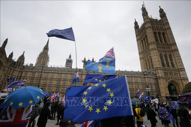 Trong ảnh: Người dân tuần hành phản đối Brexit bên ngoài tòa nhà Quốc hội Anh ở thủ đô London, ngày 15/1/2019. Ảnh: THX/ TTXVN