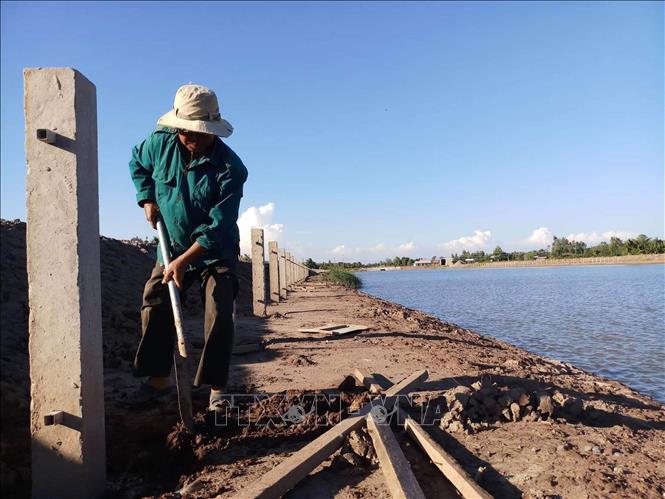 Trong ảnh : Xây dựng hàng rào xung quanh hồ chứa nước ngọt Ba Tri. Ảnh Công Trí-TTXVN