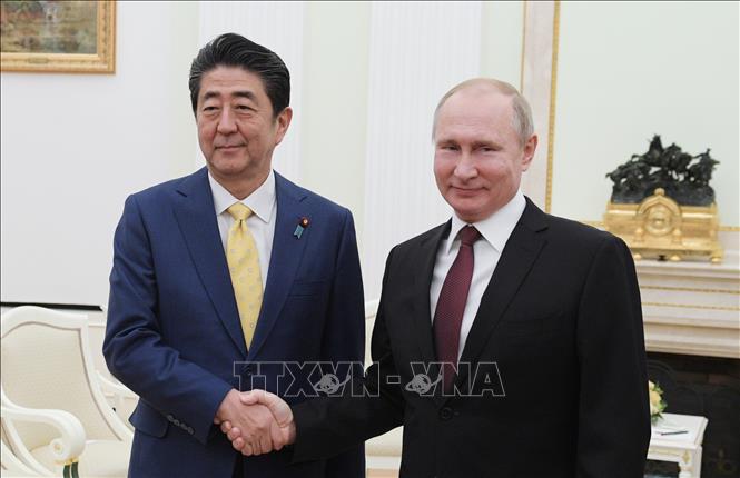 Trong ảnh: Tổng thống Nga Vladimir Putin (phải) trong cuộc gặp Thủ tướng Nhật Bản Shinzo Abe đang ở thăm Moskva ngày 22/1. Ảnh: THX/TTXVN