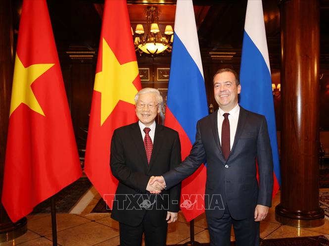 Trong ảnh: Tổng Bí thư Nguyễn Phú Trọng hội kiến Thủ tướng Dmitry Medvedev, chiều 5/9/2018, tại thủ đô Moskva, trong chuyến thăm chính thức Liên bang Nga từ ngày 5-8/9/2018. Ảnh: Trí Dũng – TTXVN