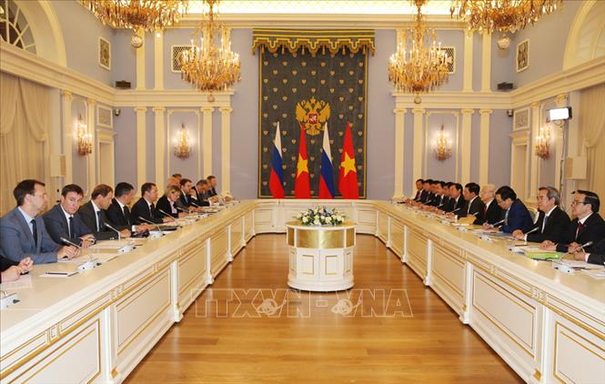 Trong ảnh: Tổng Bí thư Nguyễn Phú Trọng hội kiến Thủ tướng Dmitry Medvedev, chiều 5/9/2018, tại thủ đô Moskva, trong chuyến thăm chính thức Liên bang Nga từ ngày 5-8/9/2018. Ảnh: Trí Dũng – TTXVN