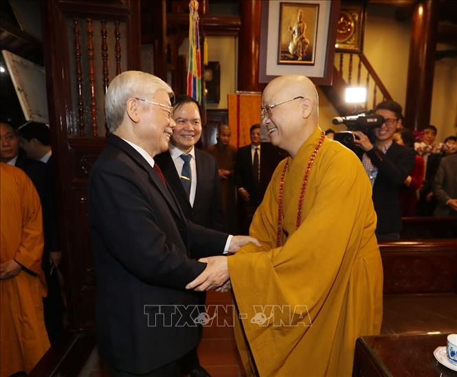 Trong ảnh : Hòa Thượng Thích Thanh Nhã đón Tổng Bí thư, Chủ tịch nước Nguyễn Phú Trọng. Ảnh : Trí Dũng – TTXVN