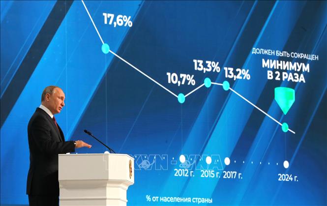 Trong ảnh: Tổng thống Vladimir Putin đọc  Thông điệp liên bang thường niên  trước Hội đồng Liên bang Nga ở Moskva ngày 20/2. Ảnh: AFP/TTXVN
