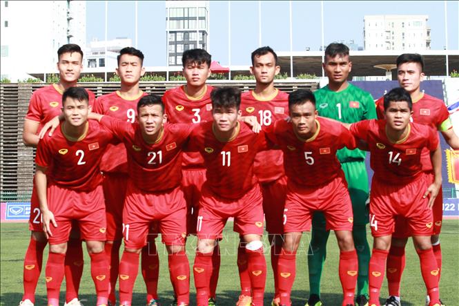 Trong ảnh: Đội hình ra sân của U22 Việt Nam. Ảnh: Tuấn Cương-TTXVN