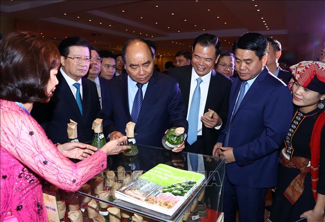 Trong ảnh: Thủ tướng Nguyễn Xuân Phúc thăm các gian trưng bày sản phẩm gỗ, lâm sản. Ảnh: Thống Nhất – TTXVN