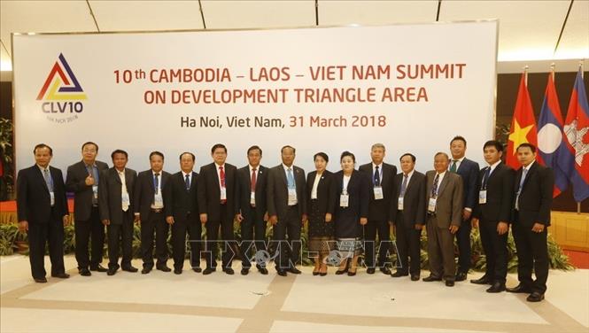 Trong ảnh: Các đại biểu dự hội nghị Cấp cao hợp tác Khu vực Tam giác phát triển Campuchia – Lào - Việt Nam (CLV) lần thứ 10, ngày 31/3/2018, tại Hà Nội. Ảnh: Lâm Khánh - TTXVN