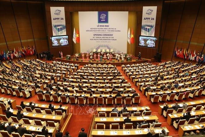 Trong ảnh: Lễ khai mạc Hội nghị thường niên lần thứ 26 Diễn đàn Nghị viện Châu Á - Thái Bình Dương lần thứ 26 (APPF 26) được tổ chức trọng thể tại Nhà Quốc hội ở Thủ đô Hà Nội, tối 18/1/2018. Ảnh: Doãn Tấn - TTXVN