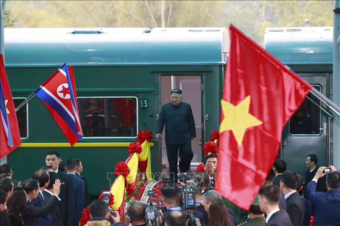 Photo: Chairman of the Democratic People's Republic of Korea Kim Jong-Un arrives at Dong Dang Railway Station in Lang Son province, Vietnam. VNA Photo: Doãn Tấn 