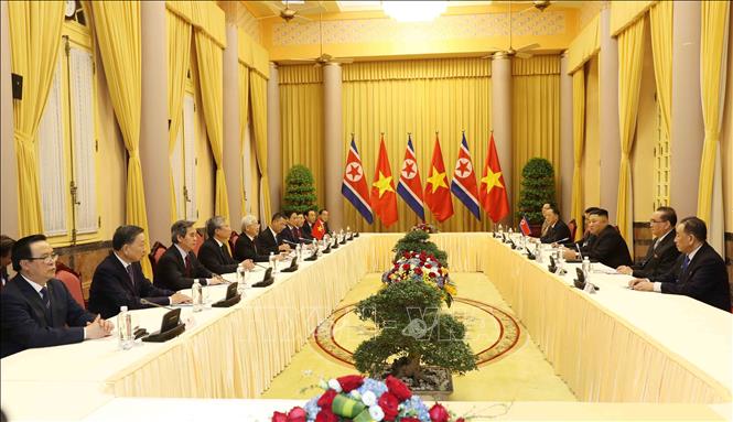 Photo: A view of the talks between Party General Secretary, President Nguyen Phu Trong and DPRK Chairman Kim Jong-un. VNA Photo: Trí Dũng