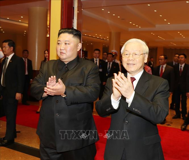 Trong ảnh: Tổng Bí thư, Chủ tịch nước Nguyễn Phú Trọng đón Chủ tịch Triều Tiên Kim Jong-un. Ảnh: Trí Dũng – TTXVN
