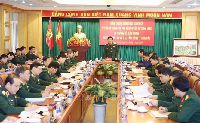 Trong ảnh: Đại tướng Ngô Xuân Lịch, Bộ trưởng Bộ Quốc phòng phát biểu tại buổi làm việc với Tổng Công ty Đông Bắc. Ảnh: Dương Giang – TTXVN