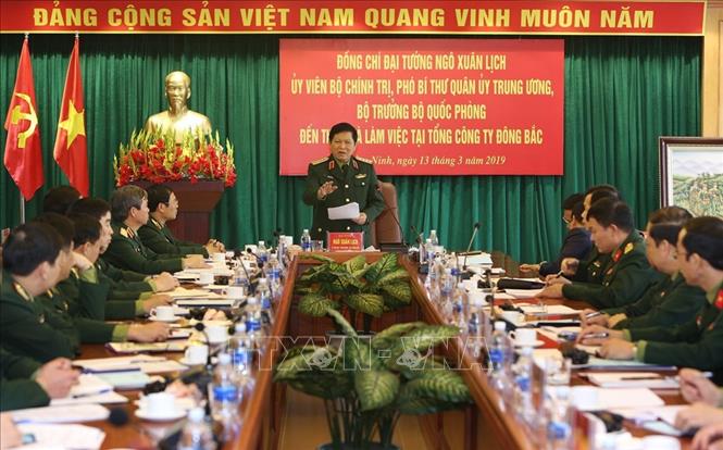 Trong ảnh: Bộ trưởng Bộ Quốc phòng Ngô Xuân Lịch phát biểu tại buổi làm việc với Tổng công ty Đông Bắc. Ảnh: Dương Giang – TTXVN