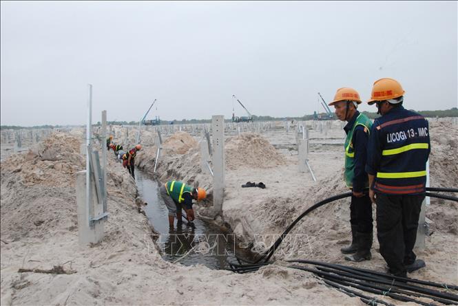 Trong ảnh: Công nhân kéo và lắp đặt các đường dây cáp điện. Ảnh: Thanh Thủy - TTXVN