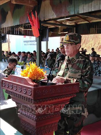 Trong ảnh: Tổng Tư lệnh quân đội Hoàng gia Campuchia, Thống tướng Vong Pisen phát biểu tại lễ khai mạc. Ảnh: Nhóm P/v TTXVN tại Campuchia