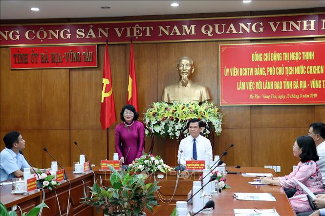 Trong ảnh: Phó Chủ tịch nước Đặng Thị Ngọc Thịnh phát biểu tại buổi làm việc với lãnh đạo tỉnh Bà Rịa-Vũng Tàu. Ảnh: Đoàn Mạnh Dương - TTXVN