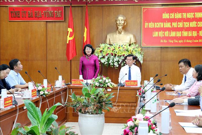 Trong ảnh: Phó Chủ tịch nước Đặng Thị Ngọc Thịnh phát biểu tại buổi làm việc với lãnh đạo tỉnh Bà Rịa-Vũng Tàu. Ảnh: Đoàn Mạnh Dương - TTXVN  