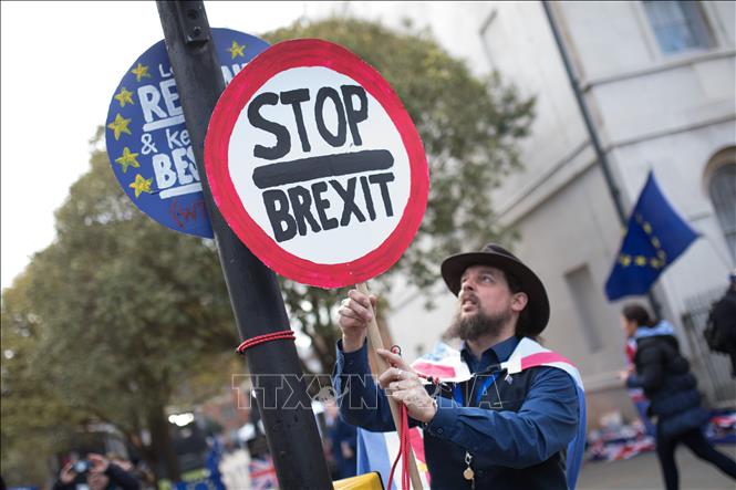 Trong ảnh: Người dân tuần hành phản đối Brexit bên ngoài tòa nhà Quốc hội ở London, Anh, ngày 11/3/2019. Ảnh: THX/ TTXVN