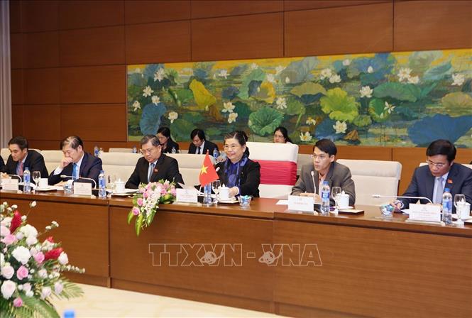 Trong ảnh: Phó Chủ tịch Thường trực Quốc hội Tòng Thị Phóng và các thành viên đoàn Quốc hội Việt Nam tại buổi hội đàm. Ảnh: Dương Giang - TTXVN
