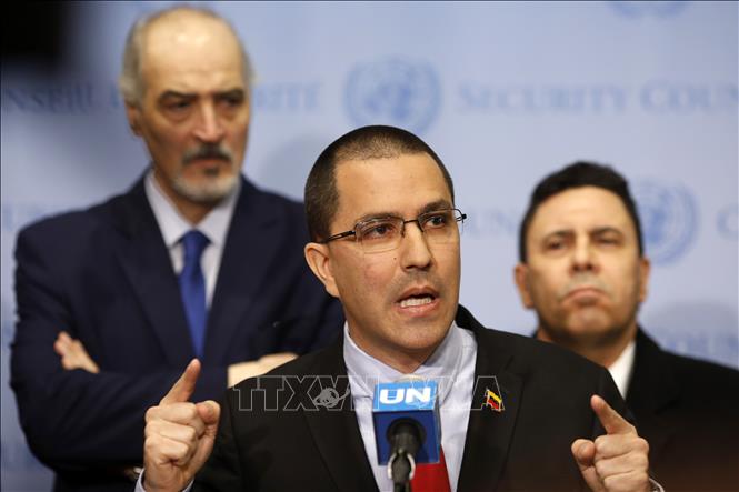 Trong ảnh: Ngoại trưởng Venezuela Jorge Arreaza trong cuộc họp báo tại New York, Mỹ ngày 14/2/2019. Ảnh: THX/TTXVN