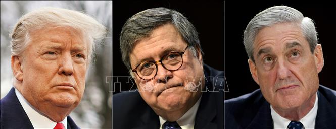 Trong ảnh (ảnh ghép, từ trái sang): Tổng thống Mỹ Donald Trump, Tổng Chưởng lý Mỹ William Barr và Công tố viên đặc biệt Robert Mueller. Ảnh: AFP/TTXVN
