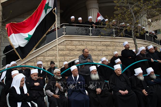 Trong ảnh: Cộng đồng người Druze ở Cao nguyên Golan tuần hành phản đối tuyên bố của Tổng thống Mỹ Donald Trump Mỹ thừa nhận đầy đủ chủ quyền của Israel đối với Cao nguyên Golan, tại làng Majdal Shams ngày 23/3/2019. Ảnh: THX/ TTXVN