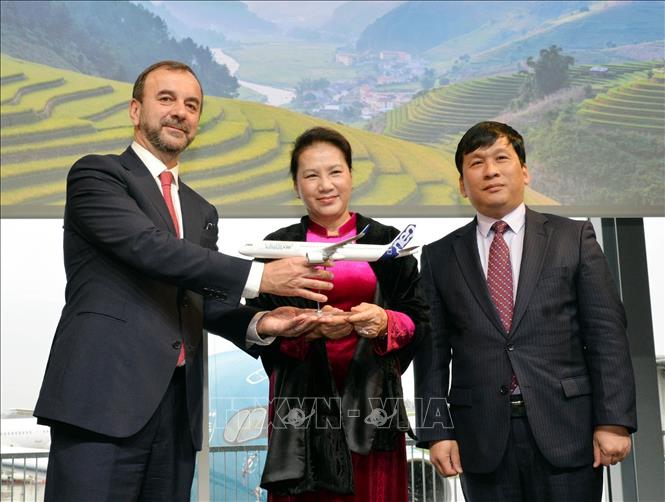 Trong ảnh: Chủ tịch Quốc hội Nguyễn Thị Kim Ngân chứng kiến lễ đón nhận máy bay của hãng Hàng không Vietjet . Ảnh: Trọng Đức - TTXVN