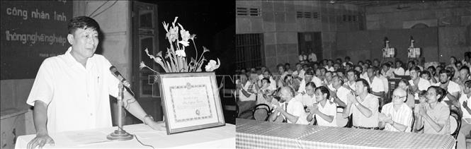 Trong ảnh: Phó Chủ tịch HĐBT, Bộ trưởng Bộ Giao thông vận tải Đồng Sĩ Nguyên phát biểu, biểu dương thành tích của đoàn chuyên gia Liên Xô giúp Việt Nam xây dựng cầu Thăng Long về thành tích trong chỉ đạo thi công lắp dầm thép và thông đường sắt công vụ trên cầu trước thời hạn 2 tháng, ngày 19/10/1983. Ảnh: Ngọc Anh - TTXVN
