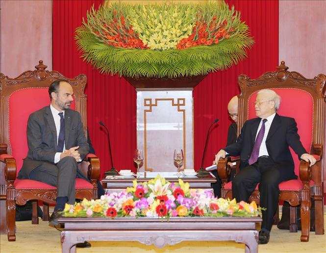 Trong ảnh: Tổng Bí thư, Chủ tịch nước Nguyễn Phú Trọng tiếp Thủ tướng Pháp Édouard Philippe thăm chính thức Việt Nam, chiều 2/11/2018, tại Hà Nội. Ảnh: Trí Dũng – TTXVN
