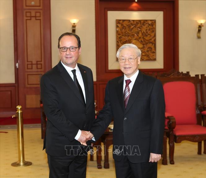 Trong ảnh: Tổng Bí thư Nguyễn Phú Trọng tiếp Tổng thống Pháp Francois Hollande thăm cấp Nhà nước tới Việt Nam, chiều 6/9/2016, tại Trụ sở Trung ương Đảng. Ảnh: Trí Dũng - TTXVN